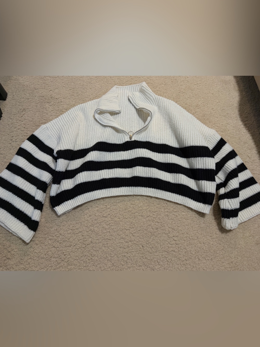 White & Black Striped Ribbed Zip Mock-Neck Sweater